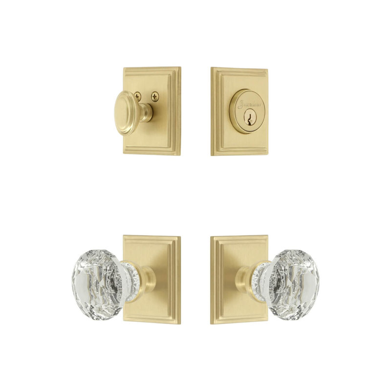 Ensemble d'entrée complet avec rosette carrée et poignée en cristal Carre, 2.375", Laiton satiné