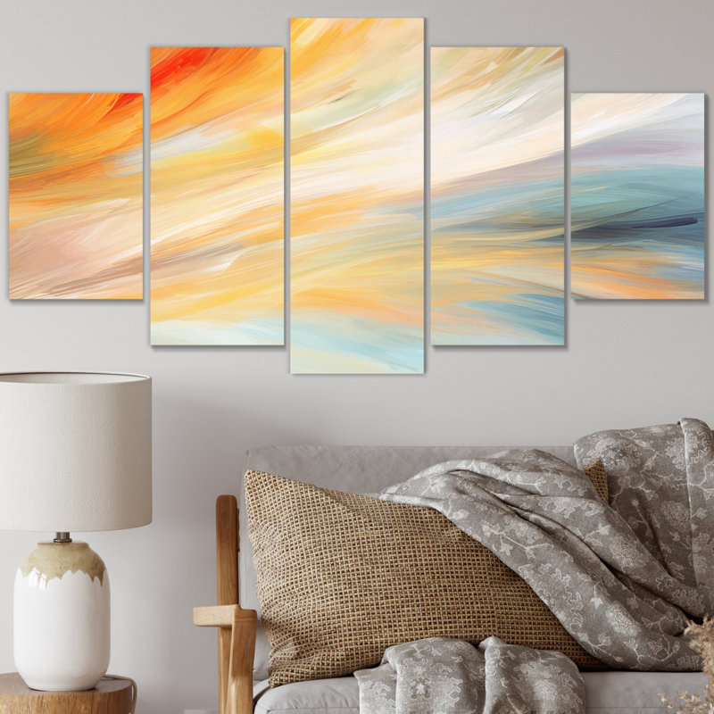 «Vintage And Orange Wave Elegance I», reproduction d'art sur toile à formes abstraites - 5 panneaux