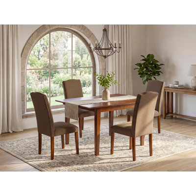 Ensemble de salle à manger moderne 5 pièces comprenant une table rectangulaire en bois avec rallonge papillon et 4 chaises Parson en lin couleur café foncé, 81 x 137 cm, acajou