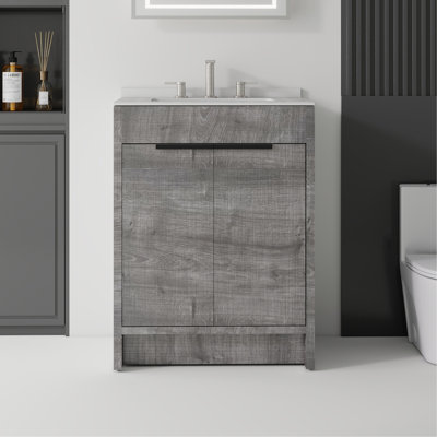 24 Inch Freestanding Bathroom Vanity with Sink, Soft-Close Door, 0.6-IN Granite White Cultured Marble Countertop Top & Backsplash,Plywood, Grey