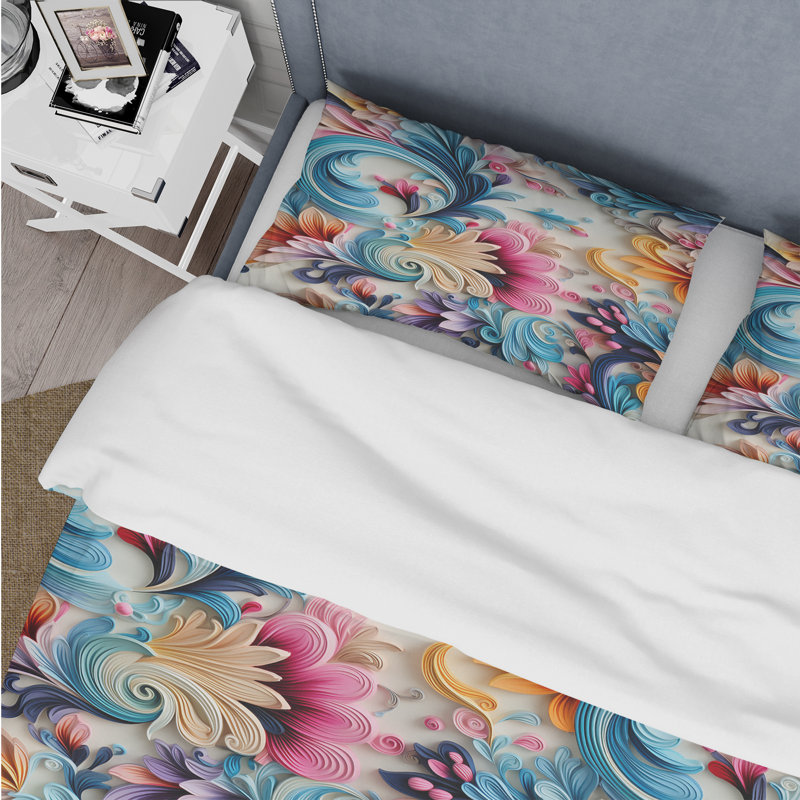 Literie pastel à motif floral printanier symphonique, Housse de couette pour grand lit et 2 taies décor