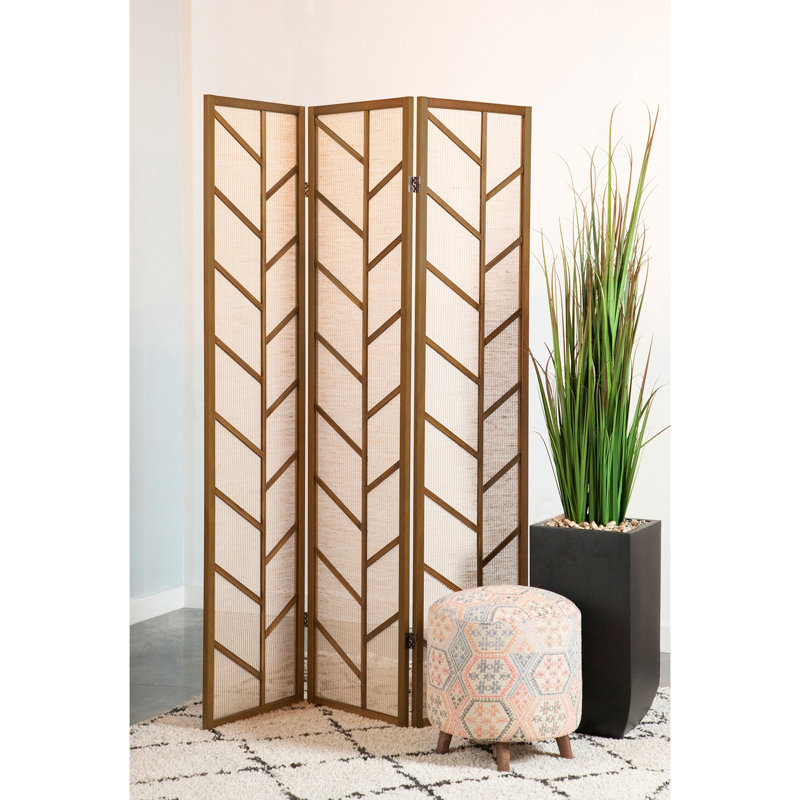 Walnut and Linen Foldable 3-Panel Screen