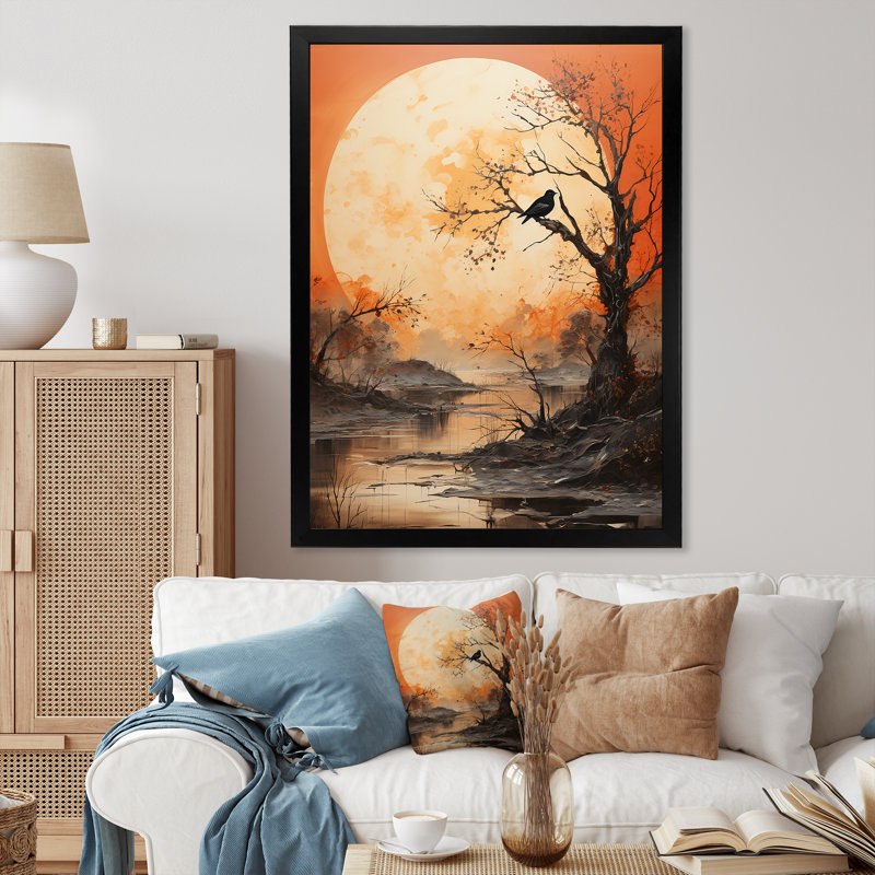 «Tree Orange Moon Silhouette», reproduction sur toile florale, Cadre photo noir, H 20 po x l 12 po x P 1 po
