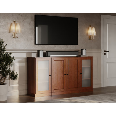 Meuble télé 100% bois massif avec panneau surélevé, portes en verre givré et tablettes réglables pour téléviseur de 65 po ou moins