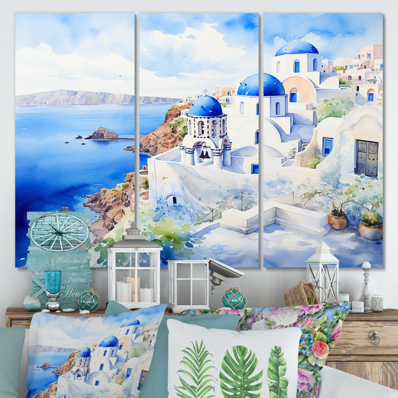 «Blue and White Greek Isles Village II - Grèce», art mural, H 28 po x l 36 po, Toile tendue