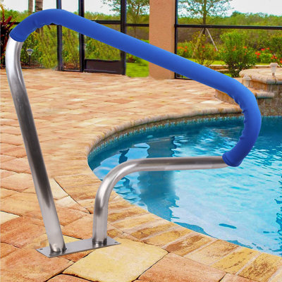 39" L x 32" H Swimming Pool Handrails for Inground Pools, 304 Stainless Steel Load Capacity 250 Lbs Pool Handrail with Blue Handle Covers and Quick Install Fittings