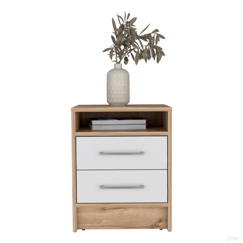 Nightstand Cartiz, Two Drawers, White/Light Oak
