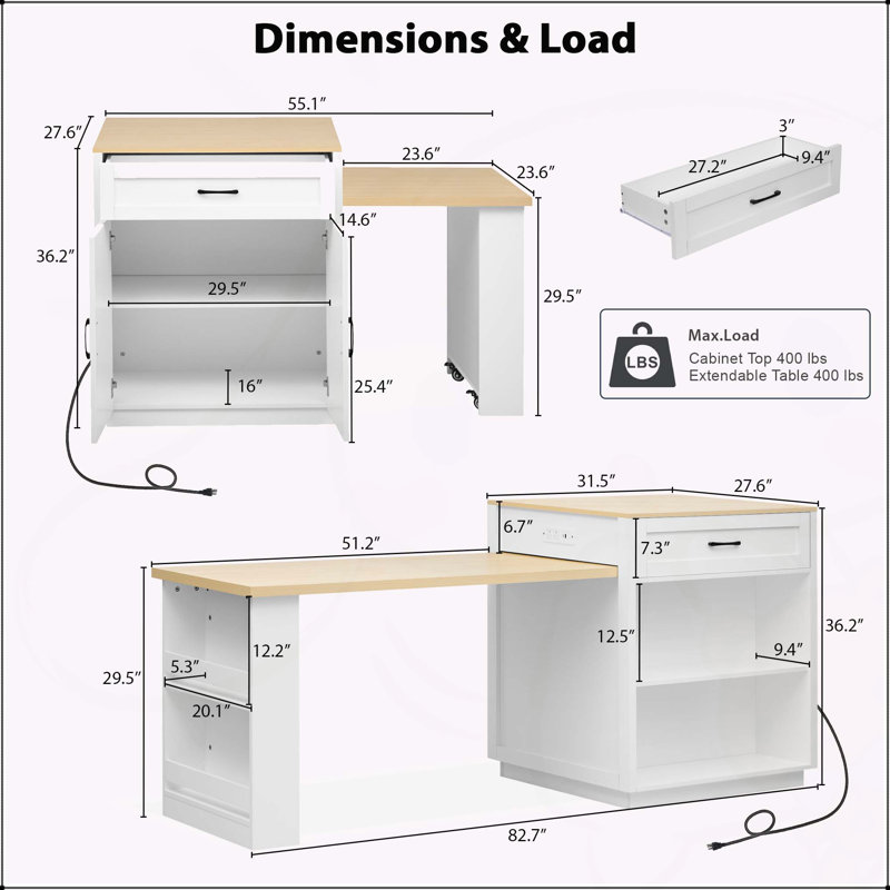 Îlot de cuisine polyvalent avec table extensible et plusieurs options de rangement