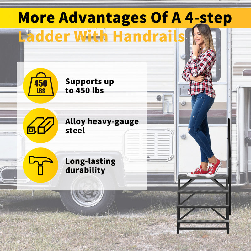 RV Steps with Handrail, 4 Steps Non-Slip Hot Tub Steps,Outdoor RV Stairs for Spa Pool, Camper