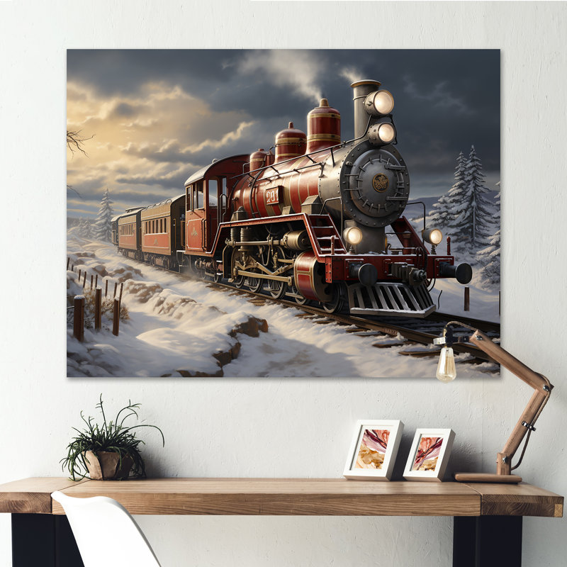 Train de Noël campagne d'hiver - train, art mural, Toile tendue, H 30 po x l 40 po x P 1,5 po