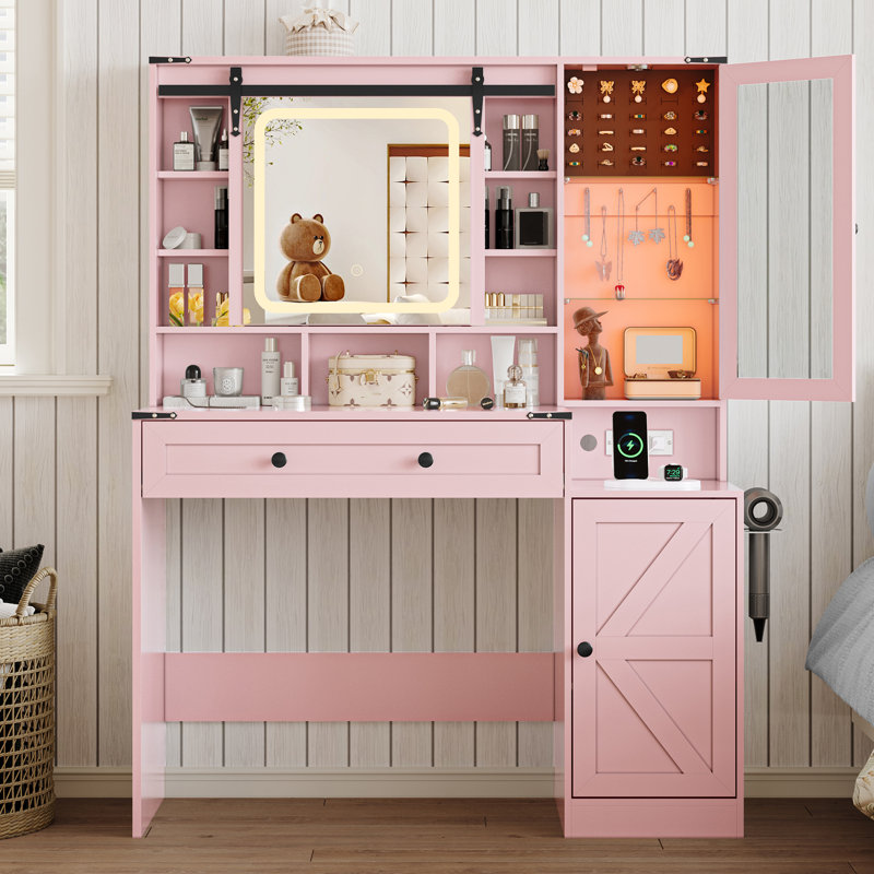 Meuble-lavabo Farmhouse avec miroir coulissant et prise de courant, armoire en verre RVB, Rose