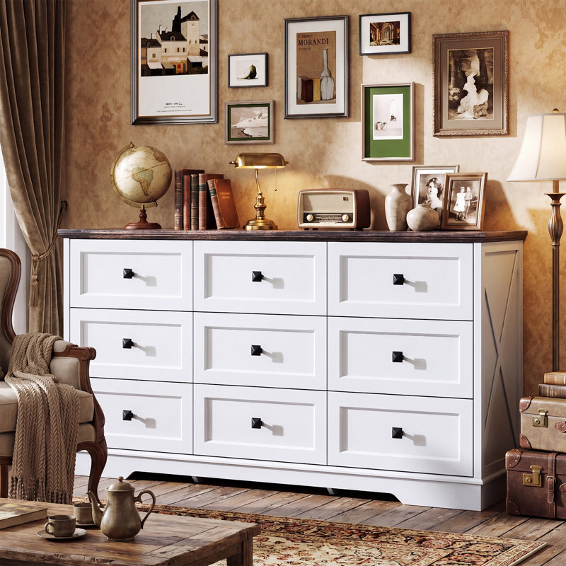 9 Drawer Dresser for Bedroom, Wide 59" Farmhouse Storage Cabinet, Wooden Double Dresser with Deep Drawers, Organizer for Family Use