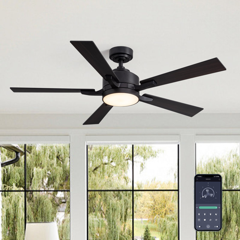 52" Modern Dimmable Black Ceiling Fan with LED Light and Remote, 6-Speed Quiet DC Motor  for Living Room, Black