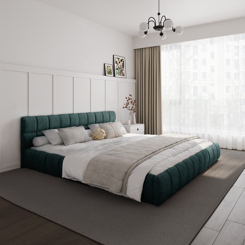 Chenille Upholstered Bed Frame With Headboard, Bluish Green, King