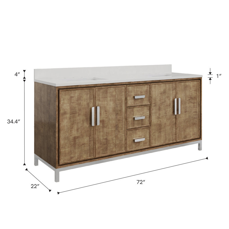 Brookhn 72 In. Double sink White Quartz top Bath Vanity in Lustrous Walnut with Hook Faucet