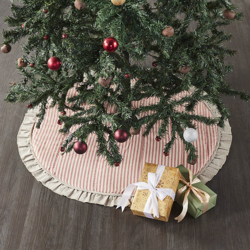 36" Red Ticking Stripe Farmhouse Tree Skirt with Ruffled Edge