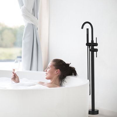 High Flow Matte Black Bathtub Faucet - Floor Mount With Handheld Shower Accessory Freestanding Tub Filler In Feature