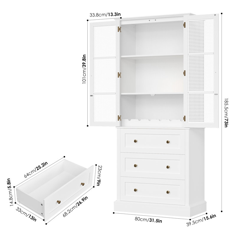 Garde-manger à porte en rotin autoportante de 73 po avec porte-bouteilles amovible Ashlon, blanc, 3 tiroirs, blanc, Blanc