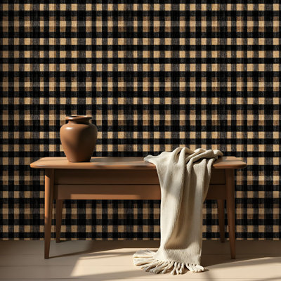 Murale pelez et collez tartan brun noir carreaux beige texturé à carreaux imperméable amovible pour la salle de bain
