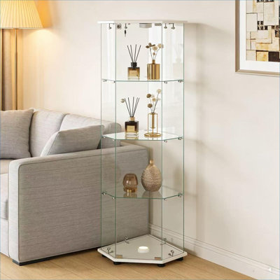 Grande armoire à liqueur de coin 64,17 pouces, fabrication en verre trempé avec base en bois d'ingénierie à finition blanche