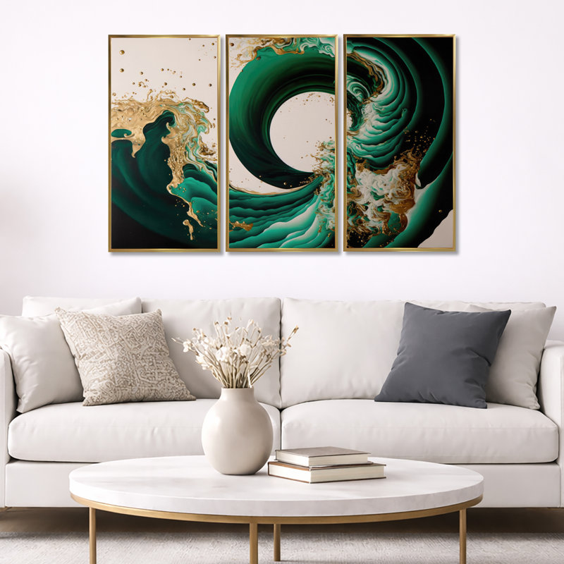 Beffrey Divaraj vert émeraude et vagues abstraites dorées IV - 3 pièces, reproduction sur toile, Impression encadrée, Doré