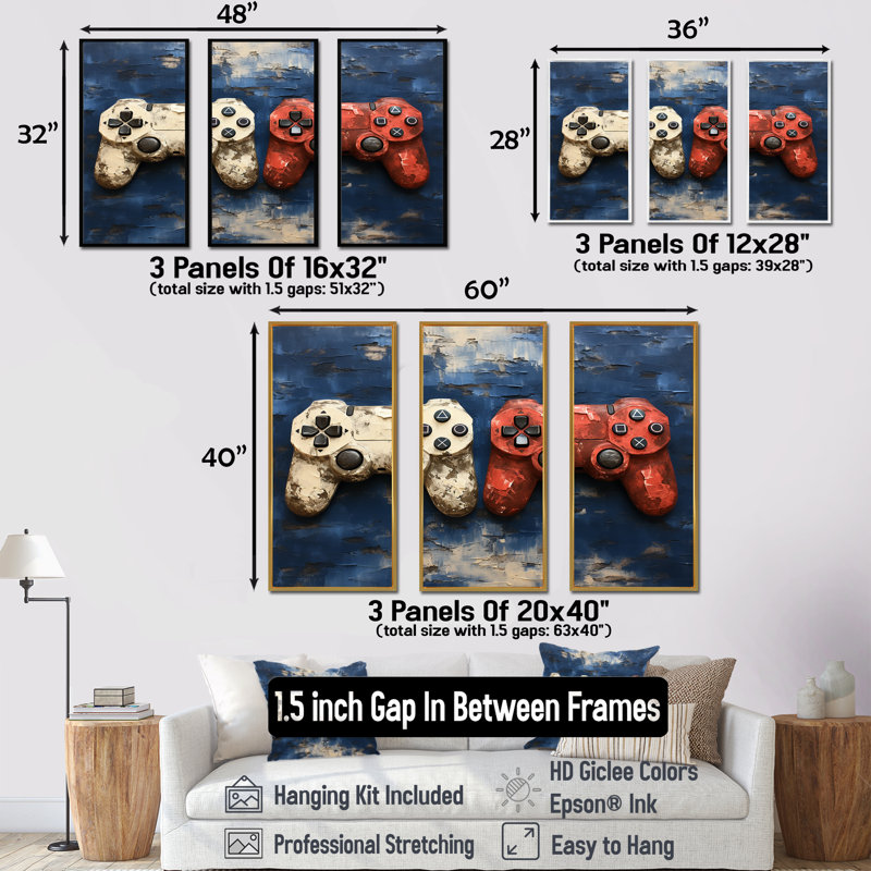 White and Red Ps Video Game Controllers - Art mural de jeux vidéo, H 28 po x l 36 po, Cadre flottant noir