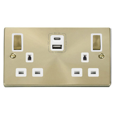 Satin Brass 2 Gang 13A DP Ingot Type A & C USB Twin Double Switched Plug Socket