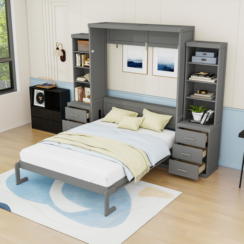 Lit escamotable avec tiroirs et tablettes de rangement cachés, Full / Double, Gray