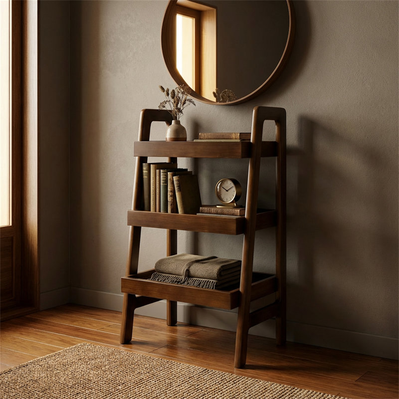 Bibliothèque trapézoïdale, petite bibliothèque à trois niveaux, conception autoportante, style Mid-Century moderne, peu encombrante, table d'appoint en bois massif, finition noyer