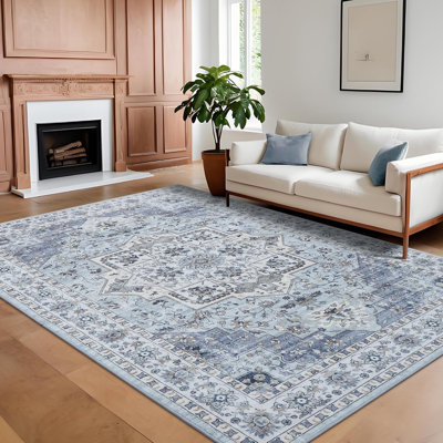 Tapis lavable à motif médaillon rétro antidérapant antidérapant oriental délavé à poils courts rouge