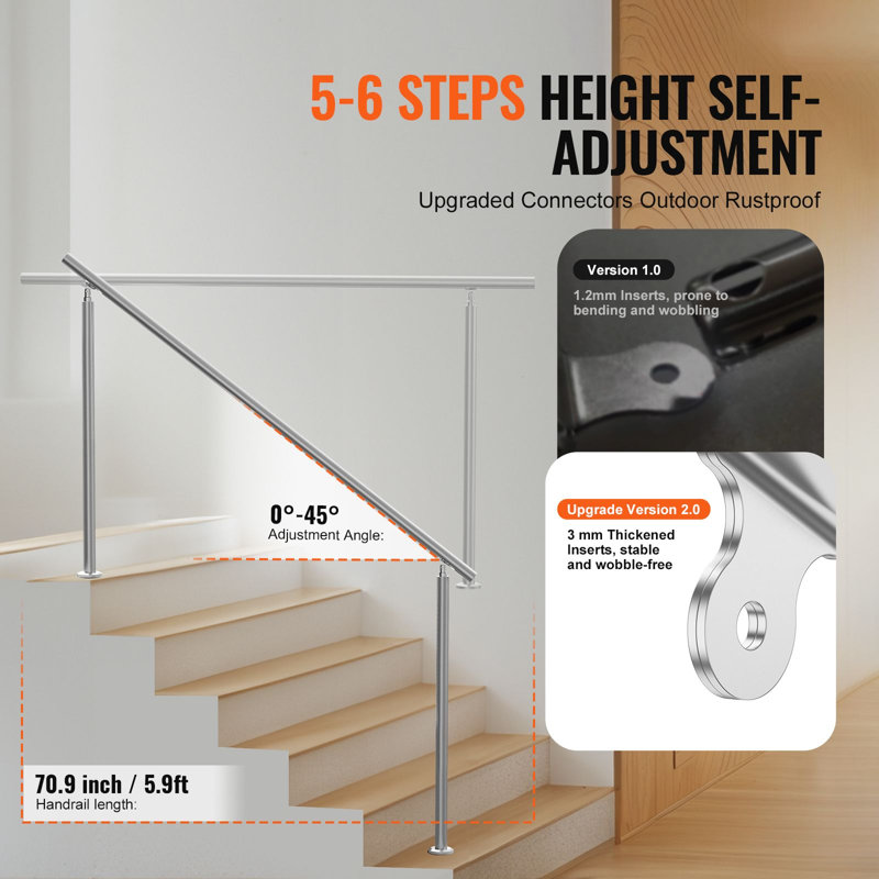 Transitional Stair Handrail 180cm Stainless Steel 1 Piece Black Double Column