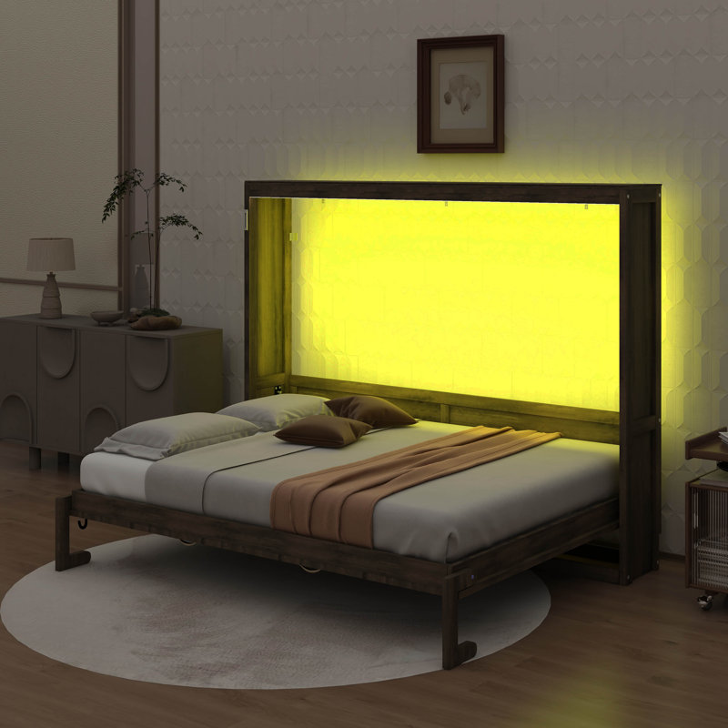 Lit escamotable avec lumière DEL, peut être plié dans une armoire, armoire murale cachée, Full, Brown