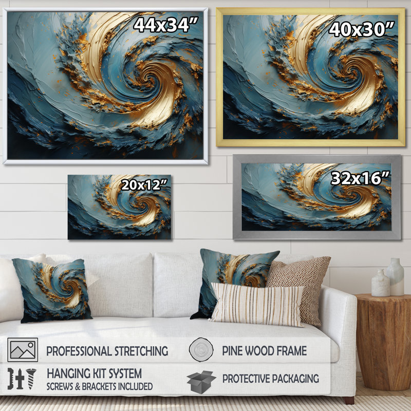 Vortex doré et bleu - art abstrait sur toile, H 34 po x l 44 po x P 1,5 po, Cadre flottant doré