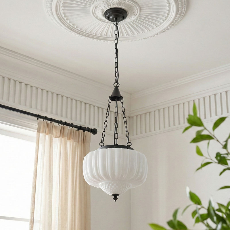 Schoolhouse Ceiling Light Fixture with Milk Glass White Shade, Adjustable Height, Mid Century Modern Pendant Lighting for Kitchen Island Dining Room