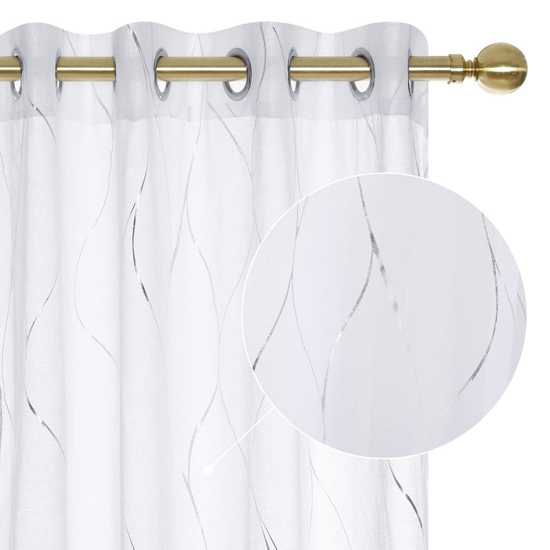 Silver Foil Printed Wave Pattern Semi Sheer Grommet Top Curtains (Set of 2), 52" W x 84"L