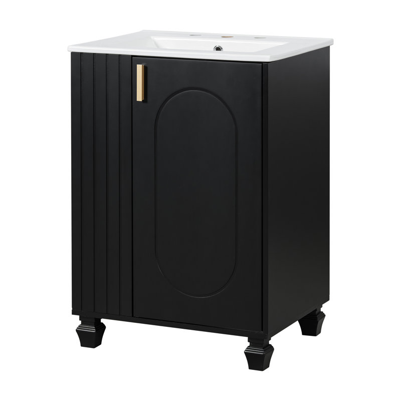 24" Bathroom Solid Wood Frame Vanity With Single Sink And Side Open Shelves, Black