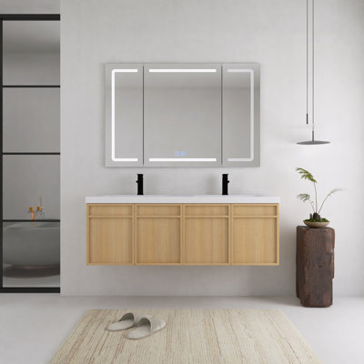 Meuble-lavabo double flottant 60 po avec plateau en résine et 4 portes à fermeture en douceur