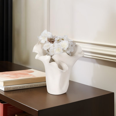 Modern Glam Ceramic Stoneware Vase with Sculptural Ruffled Organic Design and Curved Artistic Silhouette