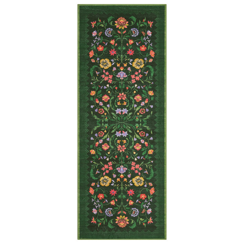 Floral Machine Washable Rug Non-Slip Farmhouse Floor Cover, Stain-Resistant Low Pile Indoor Carpet Mat for Living Room