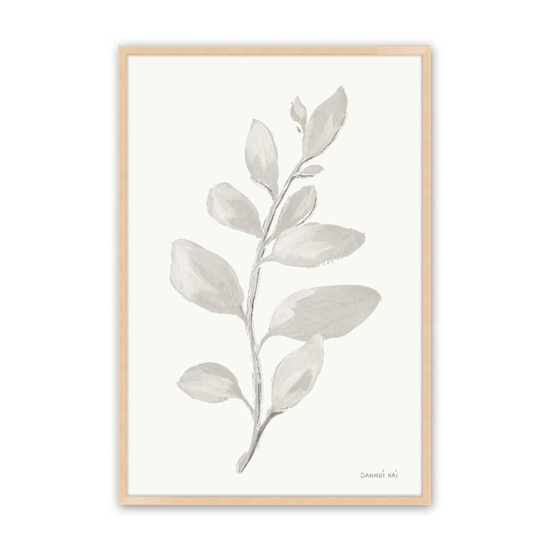 Élégantes feuilles grises I print, Cadre en érable brut ouvert, H 11 po x l 9 po