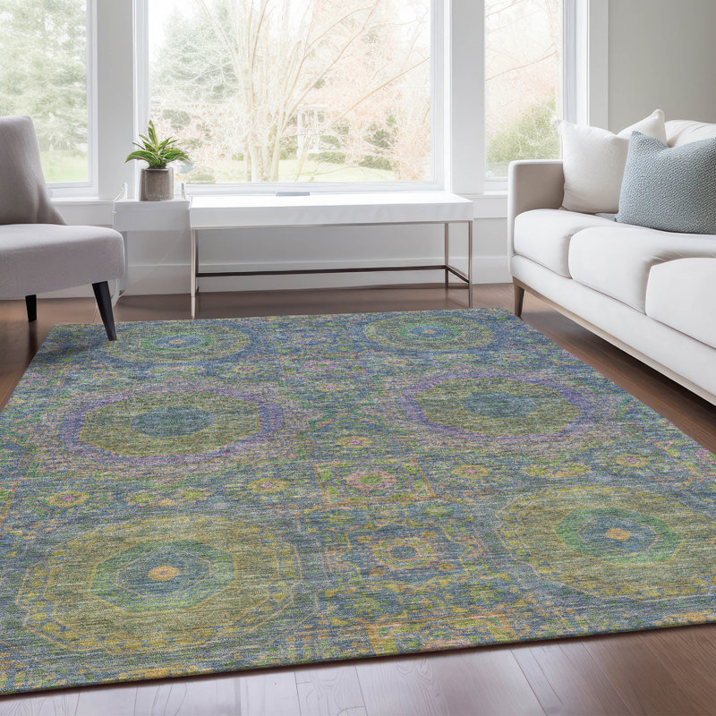 Tapis bleu intérieur / extérieur lavable à la machine Xhevrie, Rectangle 10 pi x 14 pi