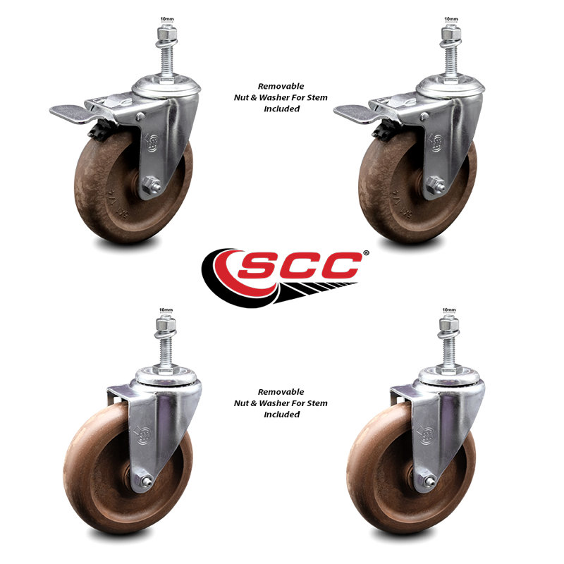 5 Inch High Temp Glass Filled Nylon 10mm Stem Caster Set 2 Total Lock Brakes SCC