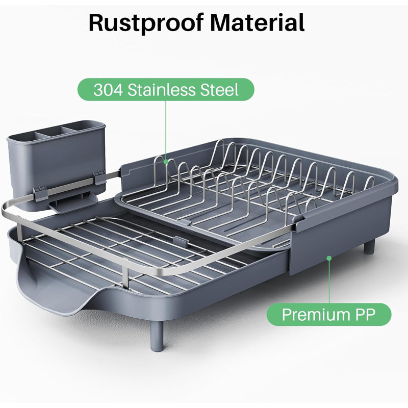 Gray Stainless Steel Expandable Dish Drying Rack with Utensil Holder