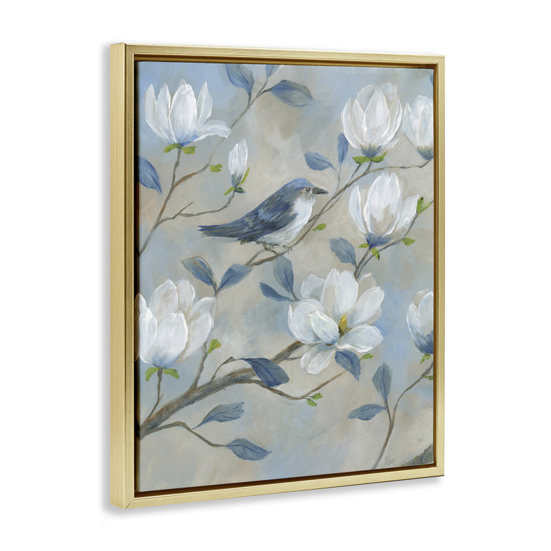 Cadre flottant Blue Bird & Magnolia, design par Nan, H 31 po x l 25 po, Cadre flottant métallique doré