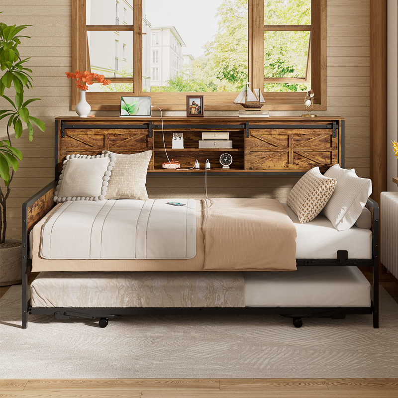 Barn Door Twin Daybeds With Pop Up Trundle With Charging Station, With Storage Headboards, Rustic Brown/Black