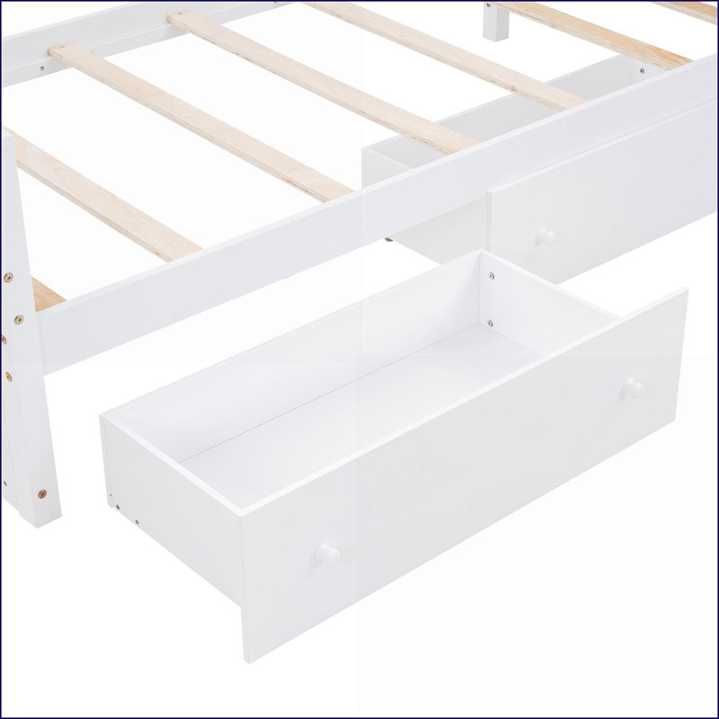 Twin Size Pine Wood L-Shaped Loft &amp; Platform Bed with 7 Drawers, Full Guardrails, No Box Spring - White, White