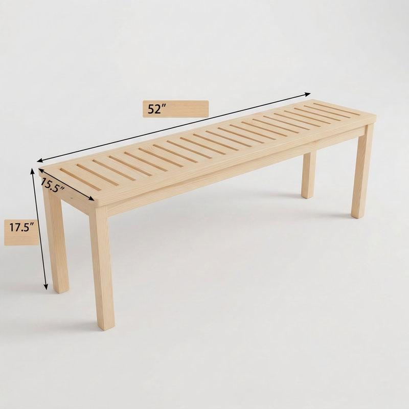 Outdoor Solid Wood Bench Measuring 52.1 Inches, Crafted from Knot-Free Pine with a Backless, Slatted Seat Design - Suitable for Dining Areas, Pools, and Beaches,