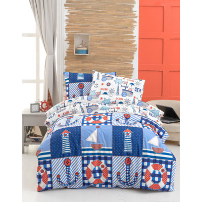 Ensemble de housse de courtepointe 100% coton Ranforce, bleu foncé et rouge / blanc, housse de couette 63 x 87, drap plat 63 x 94, taie d'oreiller 20 x 28 | 142 fils, fermeture à boutons, lavable à la machine, doux et durable