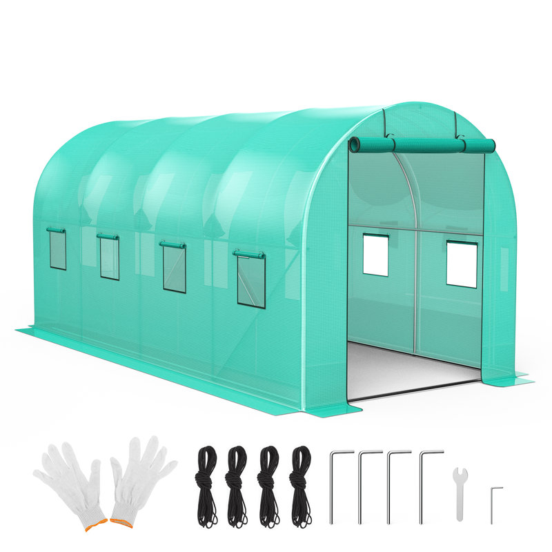 7x15x7FT Walk-in Greenhouse, Galvanized Steel Frame (19x0.6 Pipes) with 8 Mesh Windows & Full Zipper Door, Portable Tunnel Tent for Outdoor Use, Windproof Bottom Widening Design