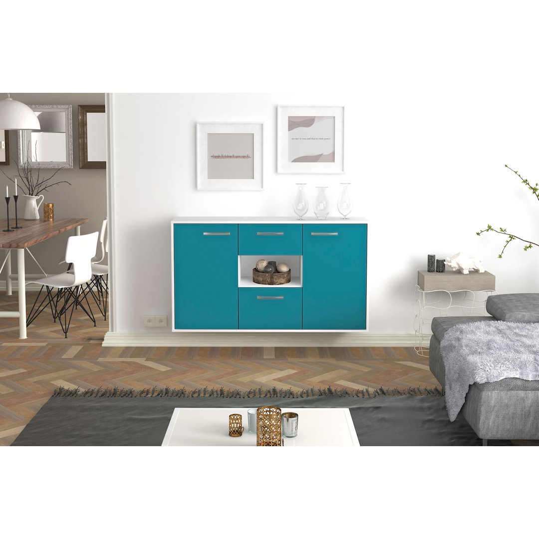 Sideboard Pasadena, Farbe: Mint/Weiss, Fliegend/Metallgriffe, Größe: 136x79x35cm